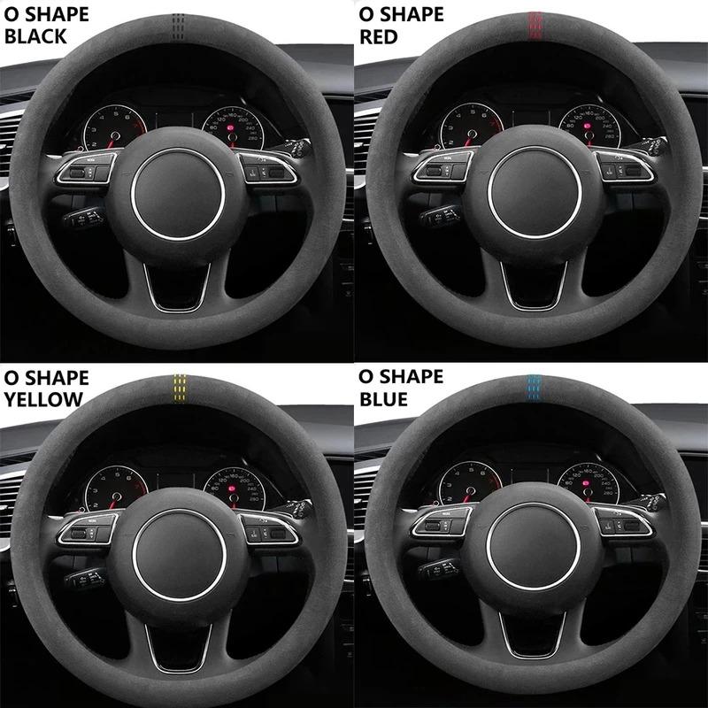 Universal Car Steering Wheel Cover 37-38cm Cowhide Suede Leather Wrap Breathable Non-Slip Auto Steering Wheel Cover for Cars