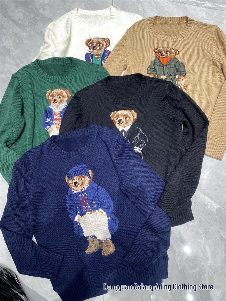 Damen Jacquard Wollmischpullover mit gesticktem Cartoon-Bär-Design