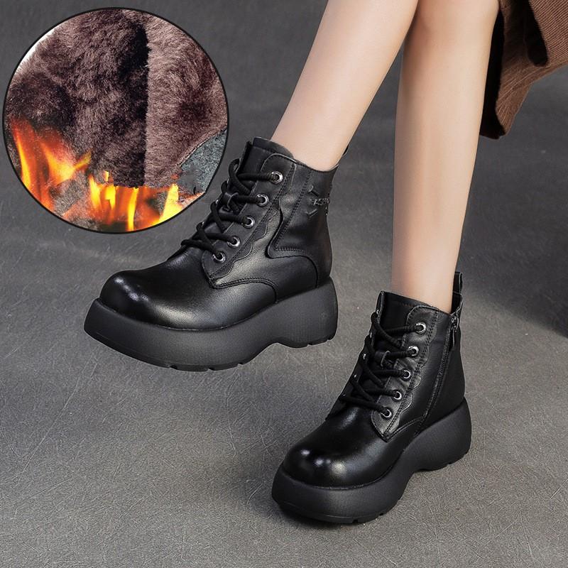 Johnature Plush Warm Short Boots Genuine Leather Round Toe Thick Sole Women s Wedges Boots 39 чёрный