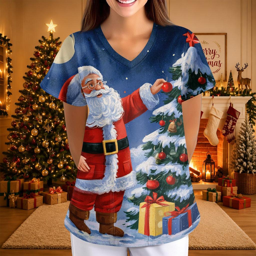 Women's Casual 3/4 Sleeve Neck Top with Christmas Print