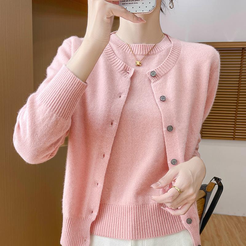 

WomenMerino Woolen Two Piece Set Sweater O-neck Long Sleeve Cardigan and Short Sleeve Pullover All Seasons Cashmere Knit Top XS рожевий