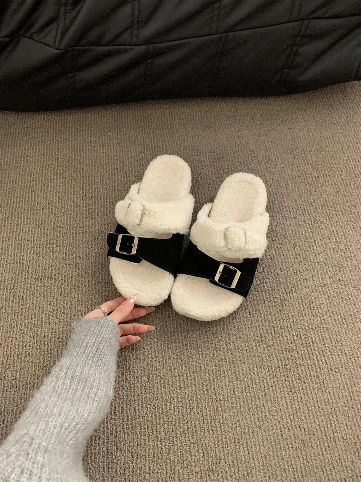 

Fashion Japan and South Korea Thick Sole Belt Buckle Fluffy Slippers Women Wear Matching Retro Buckle Cotton Slippers 35