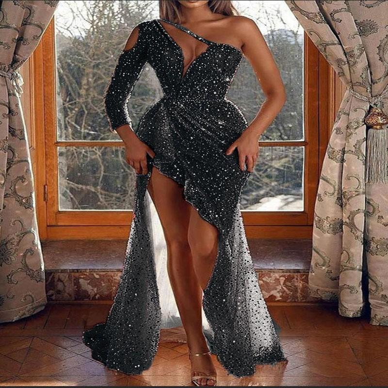 1011 Robe de Soirée Pailletée Manches Longues Fente Haute Sexy Qualité Fête Célébrité Rêve