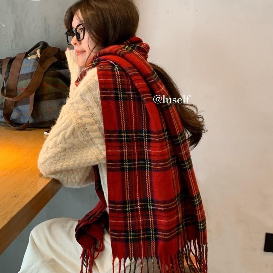 Korean Christmas Red Plaid Scarf for Women Winter Warm Retro High End New Year Gift Scarf Shawl for Students