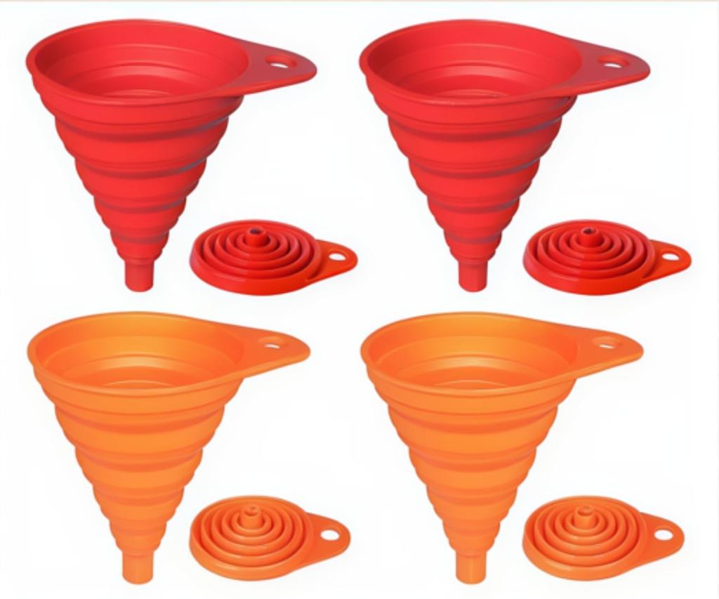 Kitchen Funnel Set 4 Pack, Small and Large, Kitchen Gadgets Accessories Foldable Silicone Collapsible Funnels for Filling Water Bottle Liquid Transfer