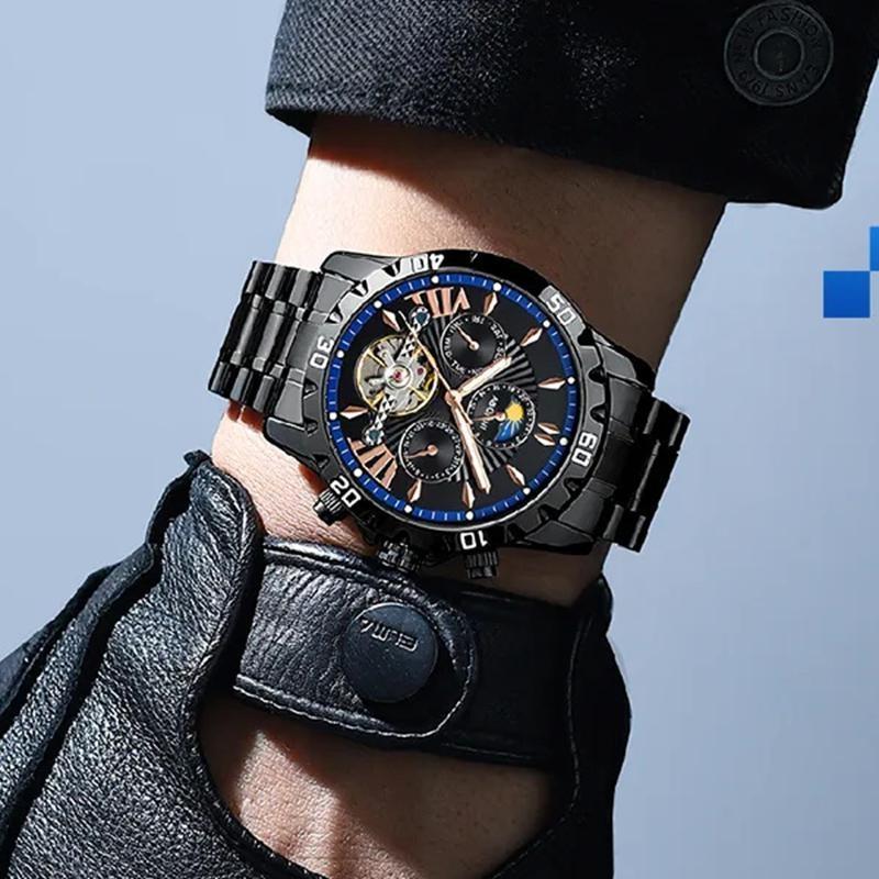 Men Business Casual Mechanical Watch Calendar Week Moon Phase Multifunctional Waterproof Luminous Stainless Steel Wristwatch