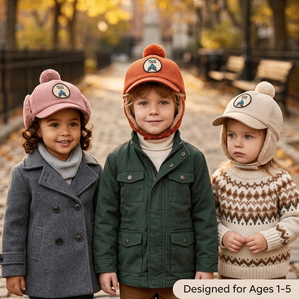 Solid Color Baby Ear Protection Cap Faux Lamb Fleece Lining Toddler Kids Cap For Boys And Girls