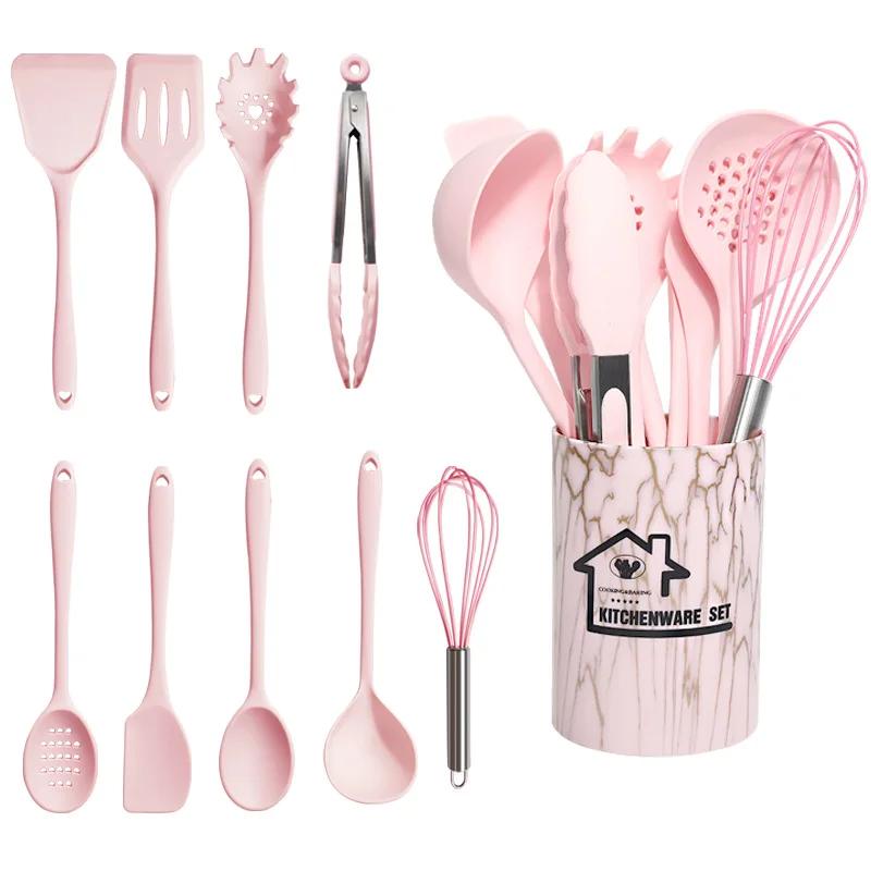 

10Pcs Silicone Cooking Utensils Sets Pink Non-Stick Pan Baking Tools Kitchenware Spatula Spoon Food Tongs Kitchen Kit with Box