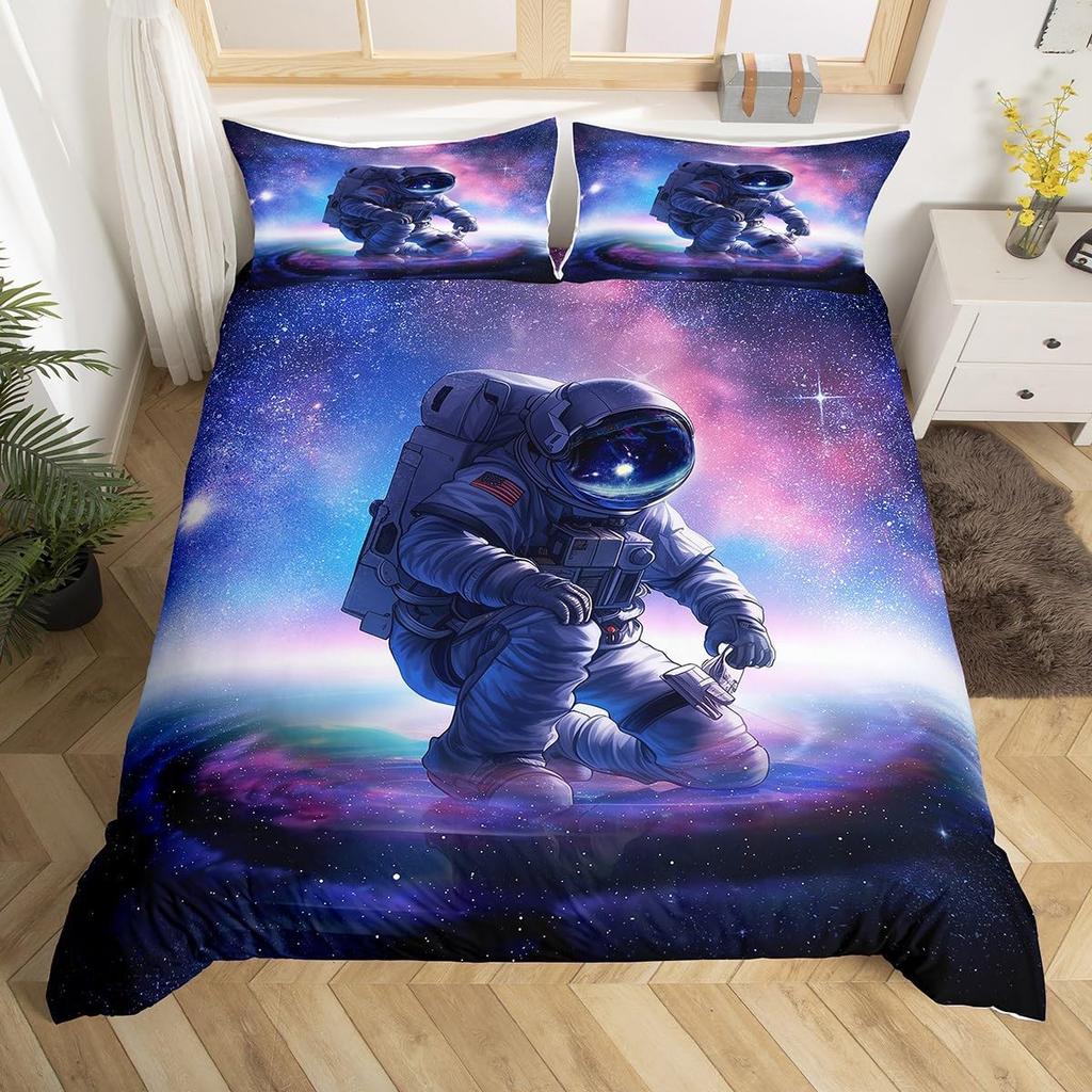 Cartoon Astronaut Duvet Cover Twin King Galaxy Bedding Set Outer Space Planet Star Quilt Cover for Kids Boys Girls Bedroom Decor