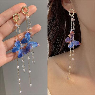 Butterfly Tassel Long Earrings for Women Crystal Zircon Pearls Jewelry Luxury Gifts