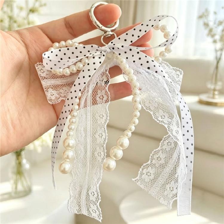 Cute Bowknot Design Keychain Accessory Fabric And Alloy With Pearls Accents Delicate Lace Keyring For Women And Teens