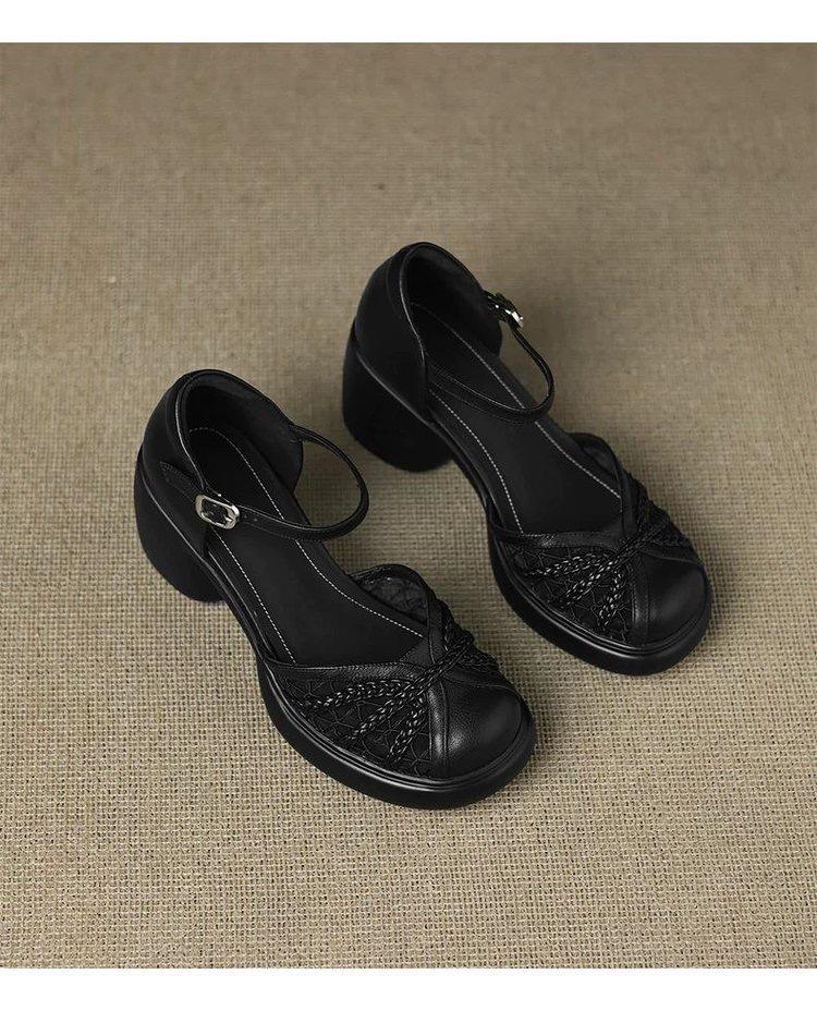 Baotou sandals women's summer thick-soled round head hollow high heels thick heel imitation leather soft sole small one-word buckle sandals