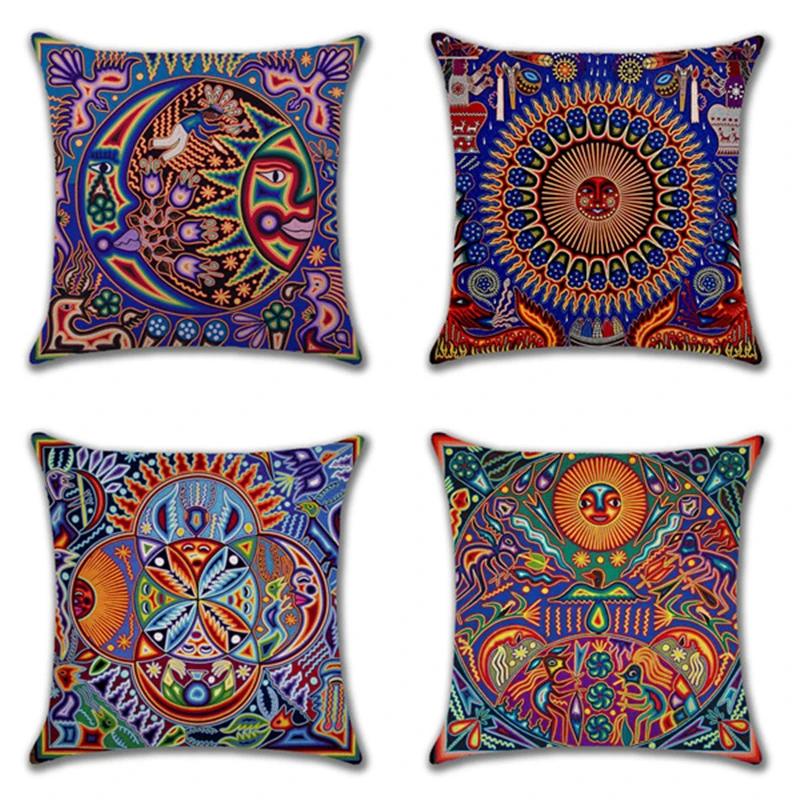 Hot Ethnic Mexico Patterns Linen Pillows Case Indian Apollo Abstract Painting Cushions Case Sofa Couch Throw Pillows Decor Home