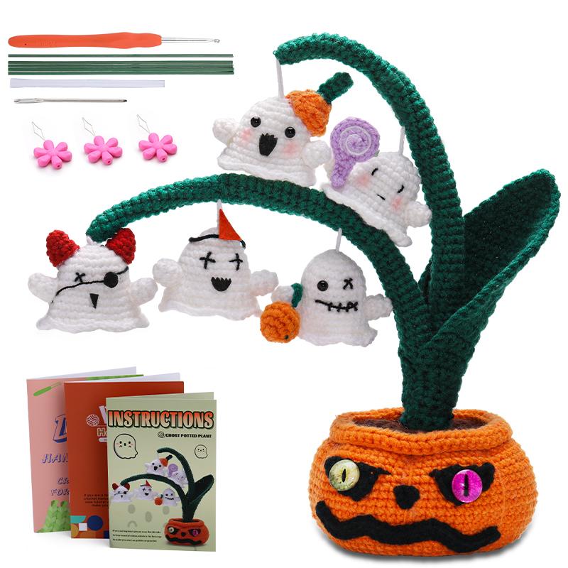 Halloween Pumpkin Monster Potted Plant Crochet Kit for BeginnersCrochet Yarn Crochet Hook Tools Supplies and Easy Video Tutorial