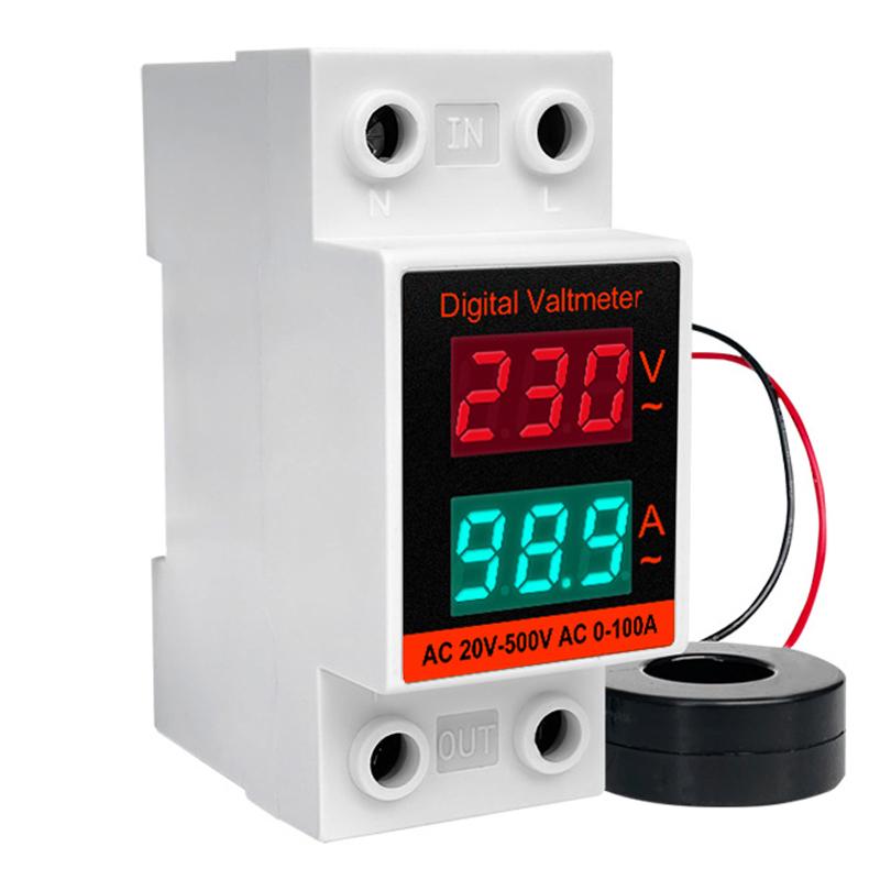 Din Rail Voltmeter Ammeter 2 in 1 AC Monitor Single Phase Voltage Current Power Meter AC20-500V AC0-100A VOLT AMP Detector