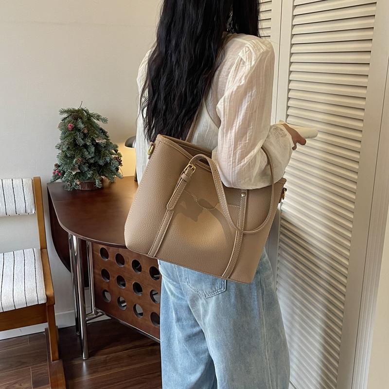 Women's PU Tote Bag with Wide Strap Large Capacity Shoulder Handbag for Work Travel Shopping