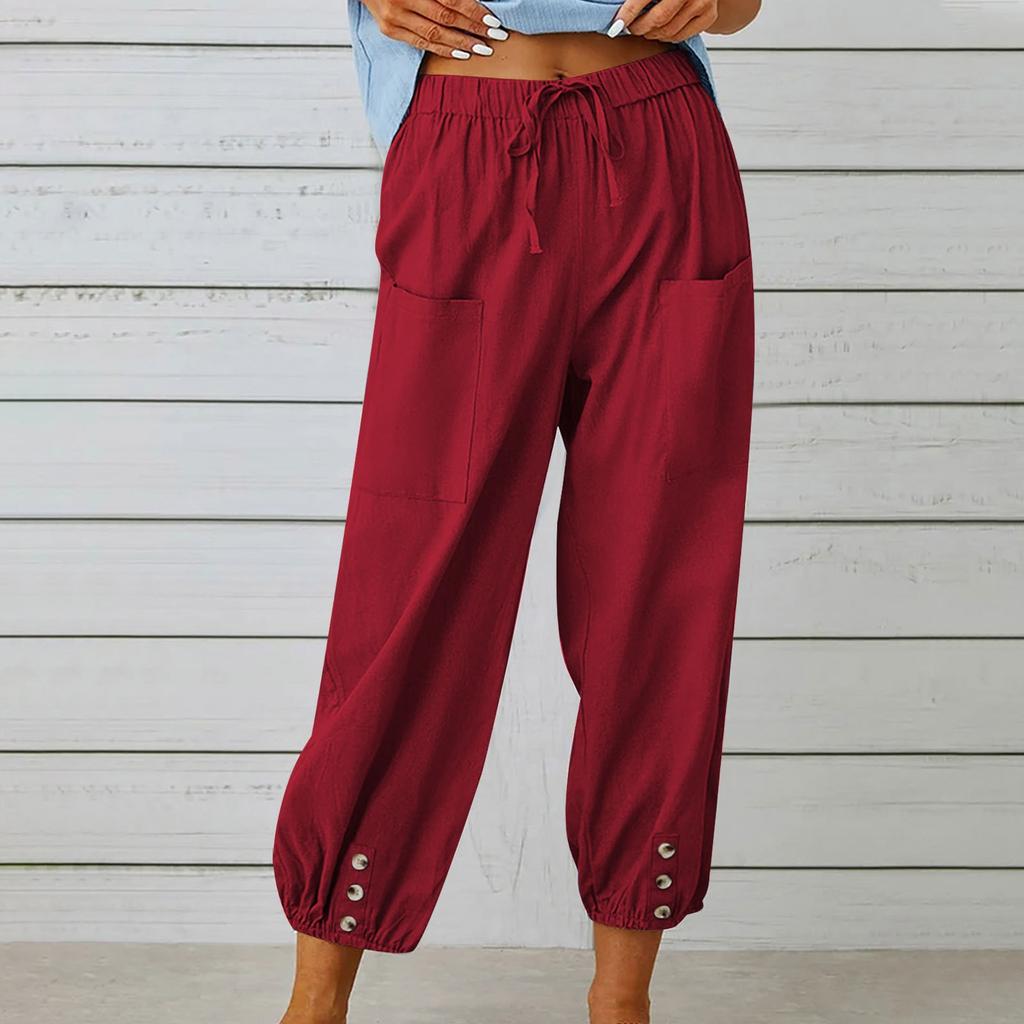 Women's Fashionable Color Cotton Linen Elastic Waist Decorative Casual Pants With Pockets