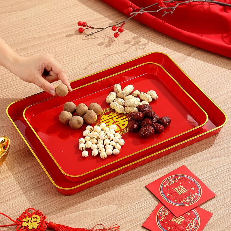 Red Tray Household Fruit Dried Fruit Plate Living Room Water Cup Cup Tea Tray Housewarming New Home Happy Candy Plate