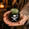 Skull Planter Pot Witches Cauldron Planter, Halloween Flower Pot, Gothic Resin Haunted House Prop Black Candy Bowl for Herbs, Indoor, Outdoor