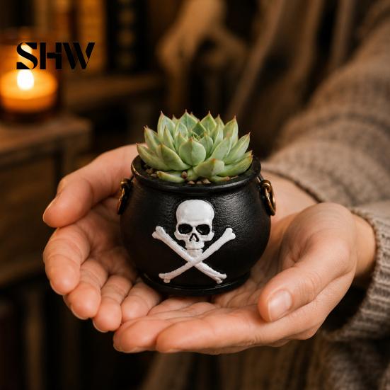 Skull Planter Pot Witches Cauldron Planter, Halloween Flower Pot, Gothic Resin Haunted House Prop Black Candy Bowl for Herbs, Indoor, Outdoor