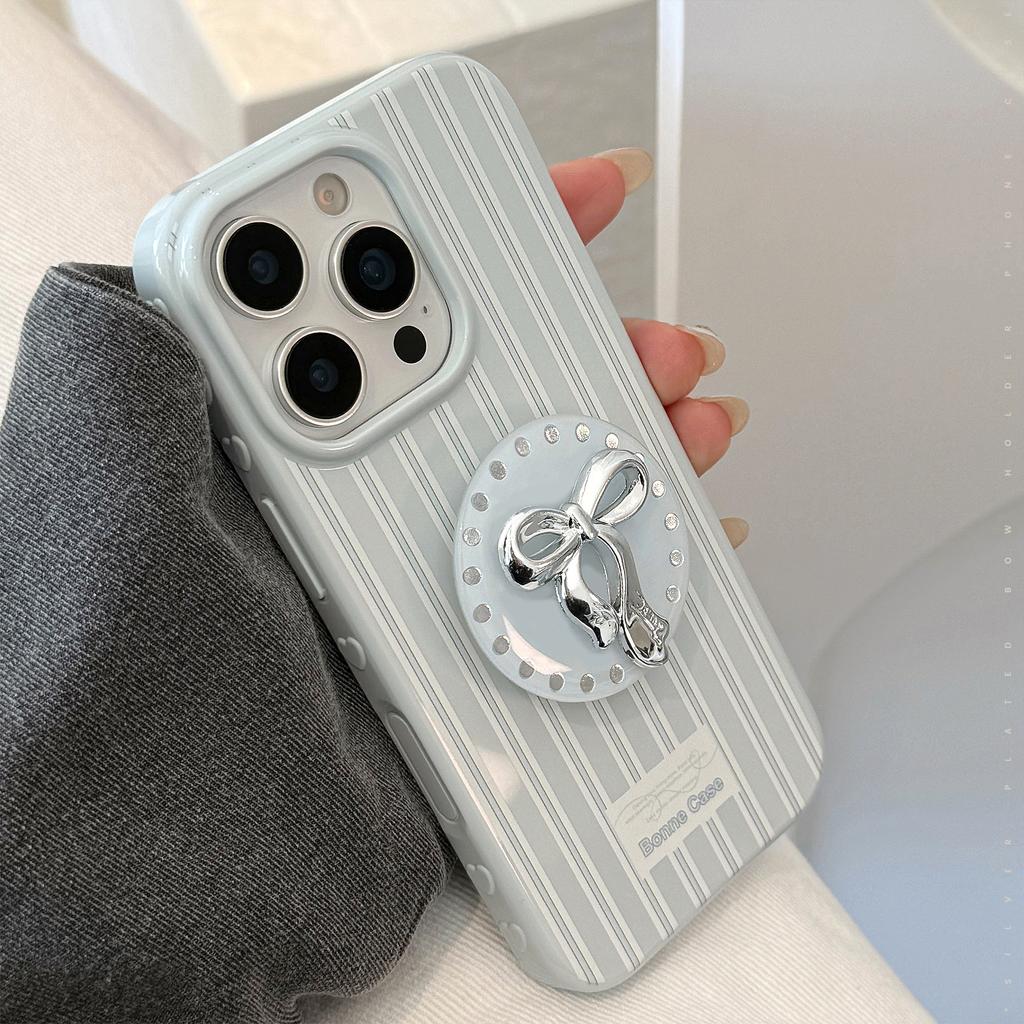 Silver Bow Bracket Apple 16 Mobile Phone Case IPhone 17 Suitable for 12 Light Luxury 15promax Blue Stripes 13 Soft