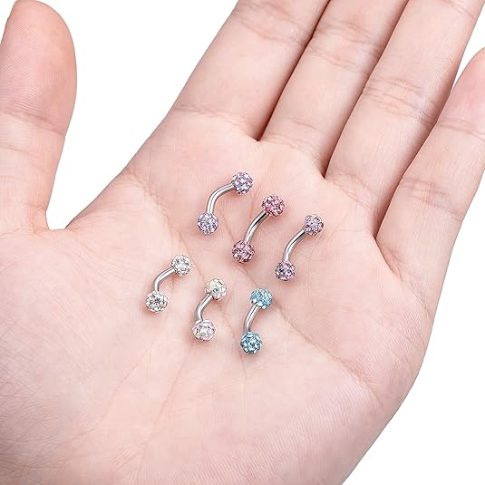 6PCS Short Bar CZ Skull Hand with Gem Ball Stainless Steel Belly Button Rings Navel Rings Barbell Eyebrow Body Piercing Jewelry