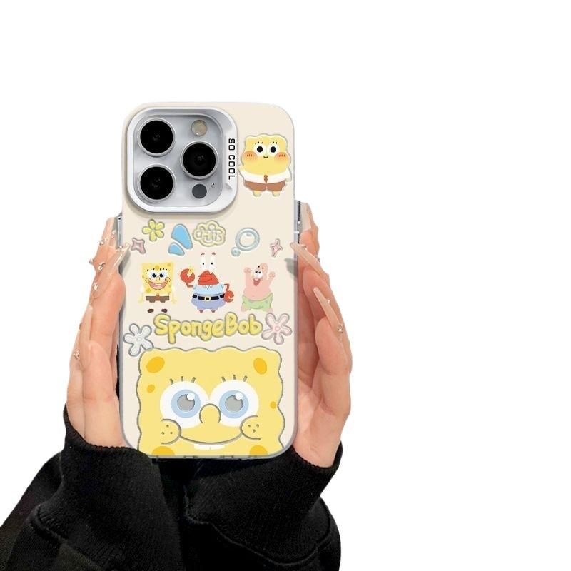 Compatible with Apple 16 Pro Max, 14/13/12cm, Happy SpongeBob SquarePants XR, and other high-performance silver anti-drop phone cases.