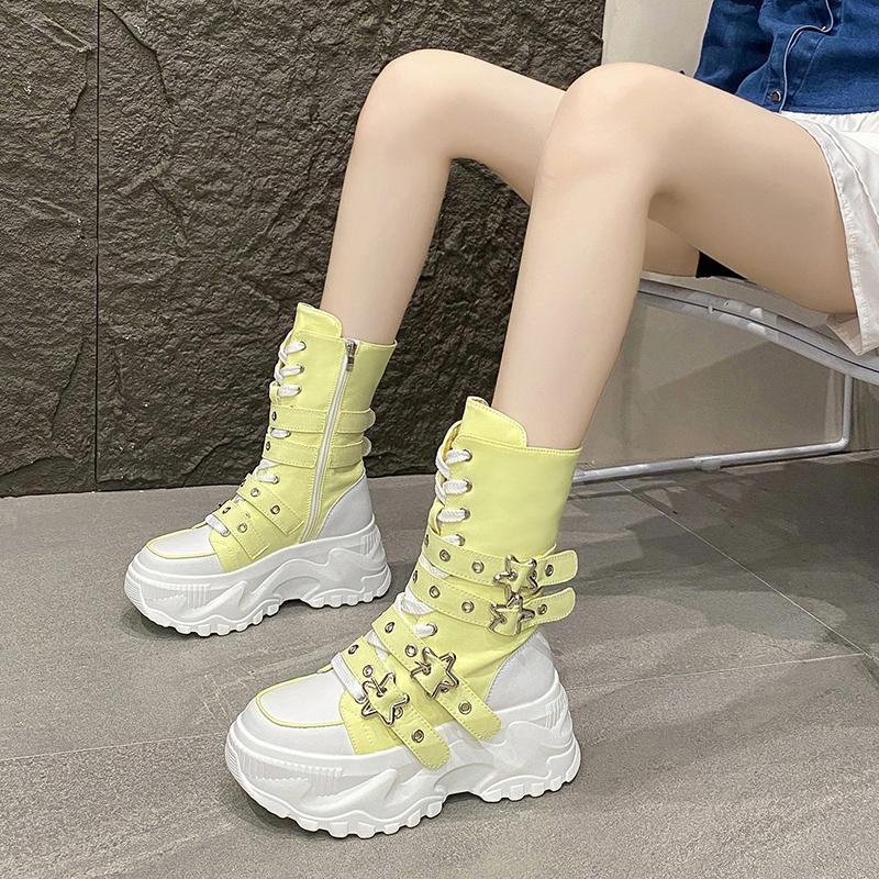 Fashion Chunky Platform Boots Women Punk Star Buckle Strap Sneakers Autumn Winter Thick Bottom Motorcycle Boot