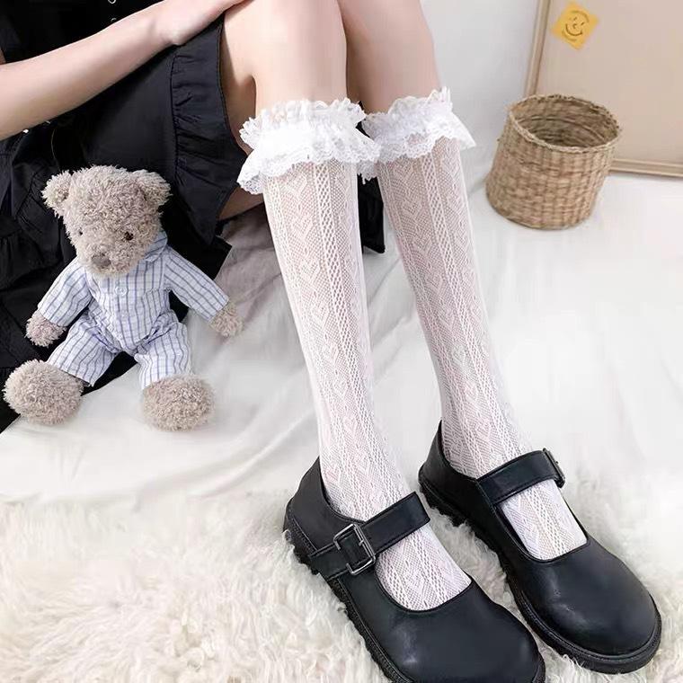 Lolita Stockings Hollow Lace Thigh High Thin Floral White Socks Girl Lolita Cute Japanese Jk Black Over The Knee Stockings