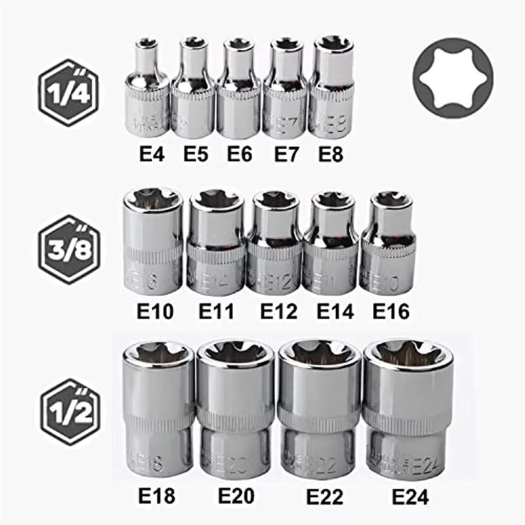 2025+ 14PCS Female E Star Torx Socket Set E4-E24 E-Torx External Hex Socket Insert Nut