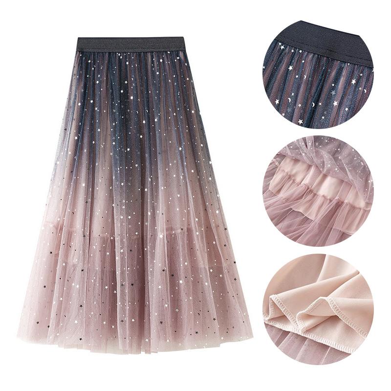 

Летнее платье из тюля с пайетками, платье средней длины с градиентным узором, звездами и пайетками, модная юбка А-силуэта с высокой талией розовый