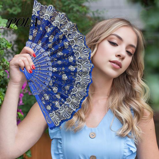 Chinese Style Sturdy Plastic Rib Fan Vintage Lace Folding Portable Floral Pattern Elegant Handheld Lightweight for Tea Wear Hand Dance Performance