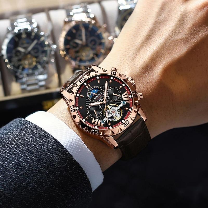 POEDAGAR Luxury Automatic Wristwatch Waterproof Luminous Date Week Leather Men Watch Tourbillon Mechanical Fashion Watches