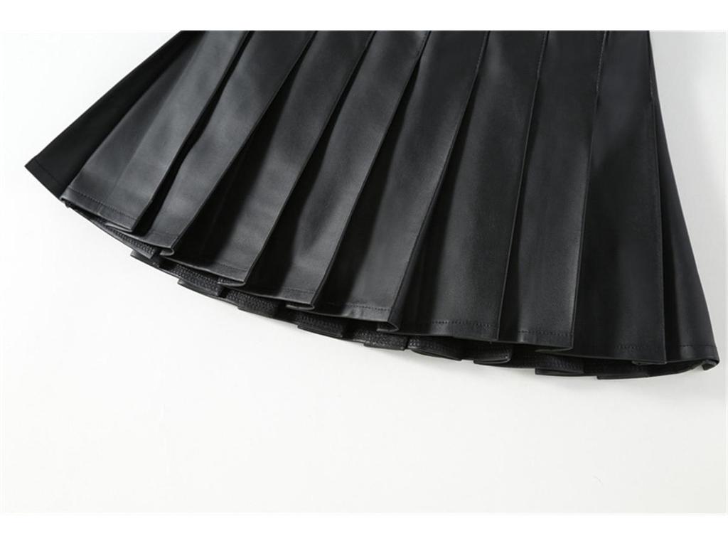 Schwarzer PU-A-Linien-Faltenrock für Mädchen mit hoher Taille und Hose für Herbst und Winter