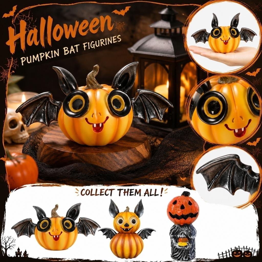 Halloween Pumpkin Bat Figurine Resin Double Layer Pumpkin Bat Statue Tabletop Decoration for Halloween Party Indoor Home Fireplace Shelf Display
