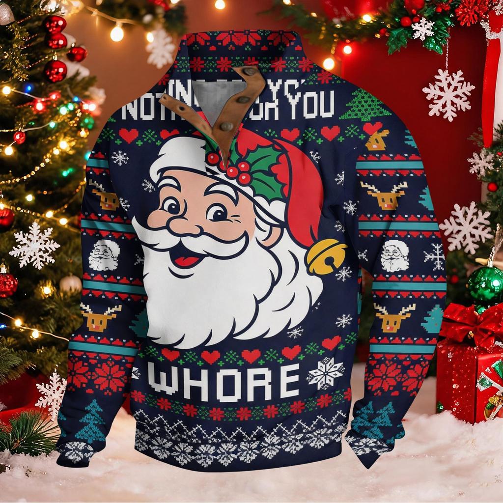 Men's Christmas Novelty Print Long Sleeve Button Placket Pullover Sweatshirt for Winter