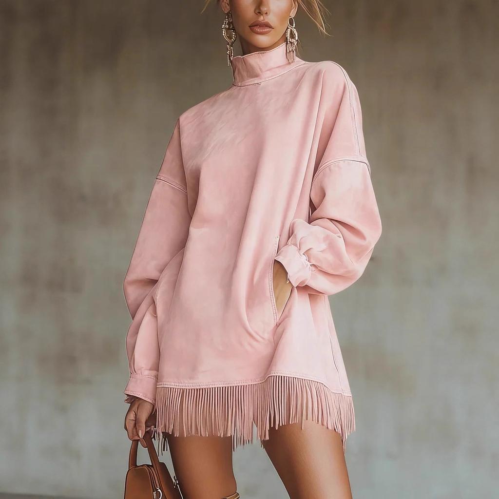 New High Collar Suede Retro Loose Pocket Tassel Long Sleeve Dress