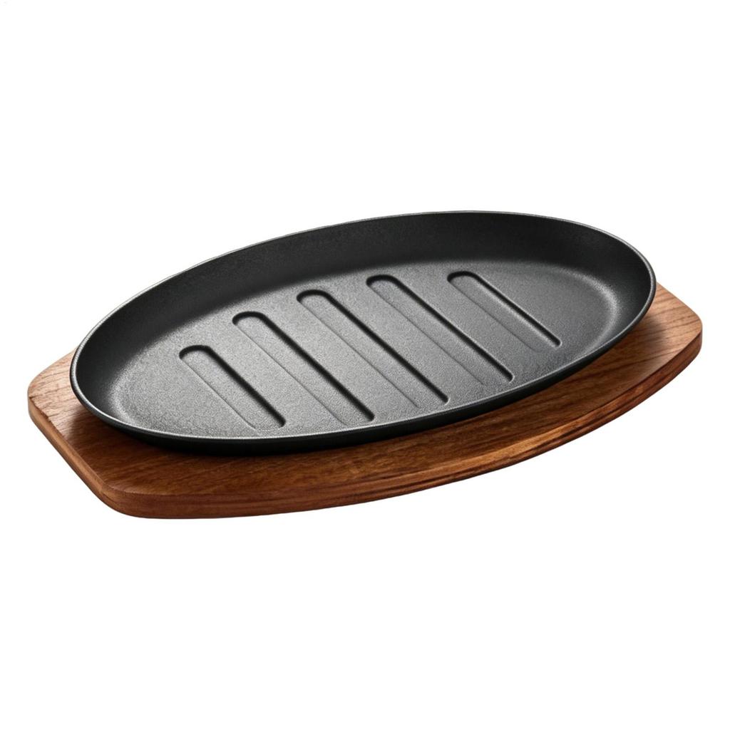 Cast Iron Oval Shape Restaurant Barbecue Plate Steak Sizzling Hot Pan Plate with Wooden Base Teppanyaki Grilled Fish Tray