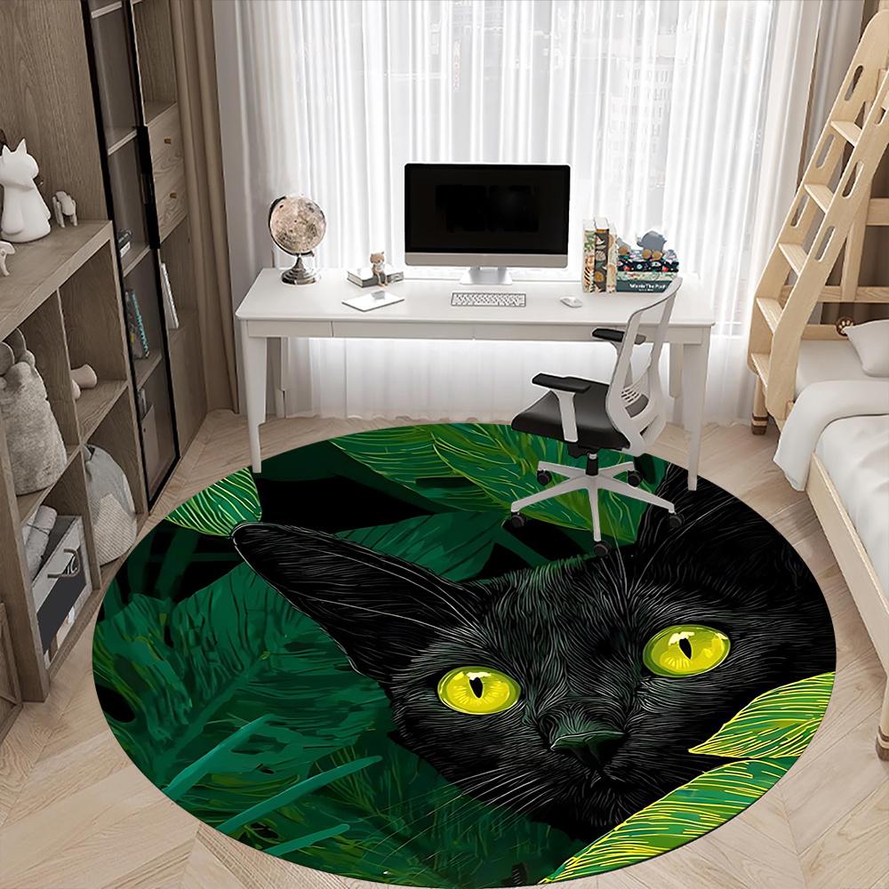 1PC Black Cat, Jungle Office Round Area Rug, Indoor Mat Suitable ForOffice, Under Office Chairs Bedroom Living Room Home Decor, Room Deco g089
