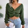 Elegant Cross V‑neck Front Crop Sweater 2026 Women Fall Knitted Wrap Knot Top Long Sleeve Loose Pullover Daily Y2K Casual Tops