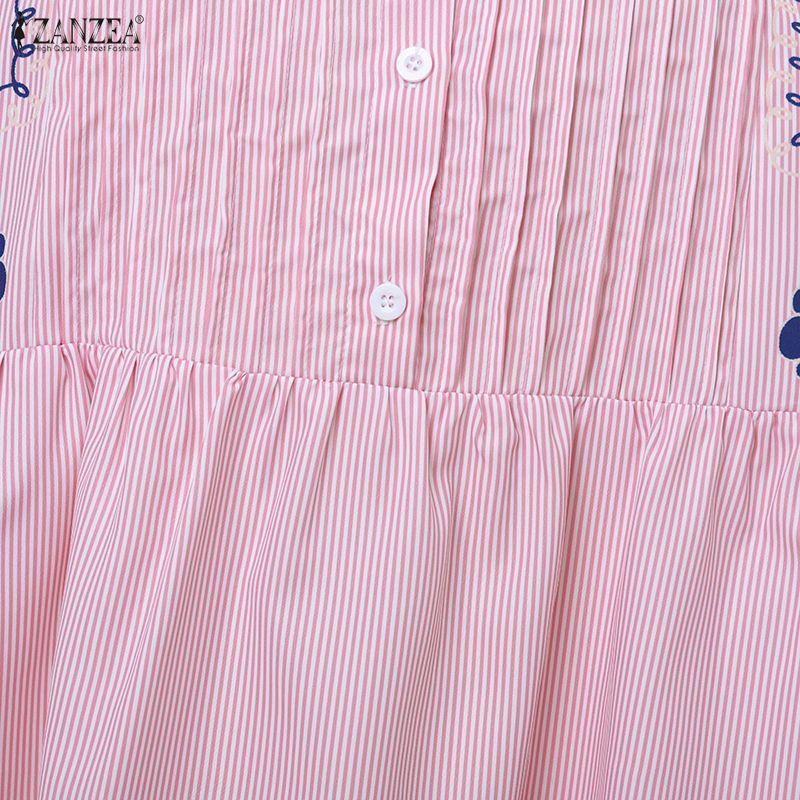 ZANZEA Summer Women Casual Stand Collar Print Short Sleeve Long Dress