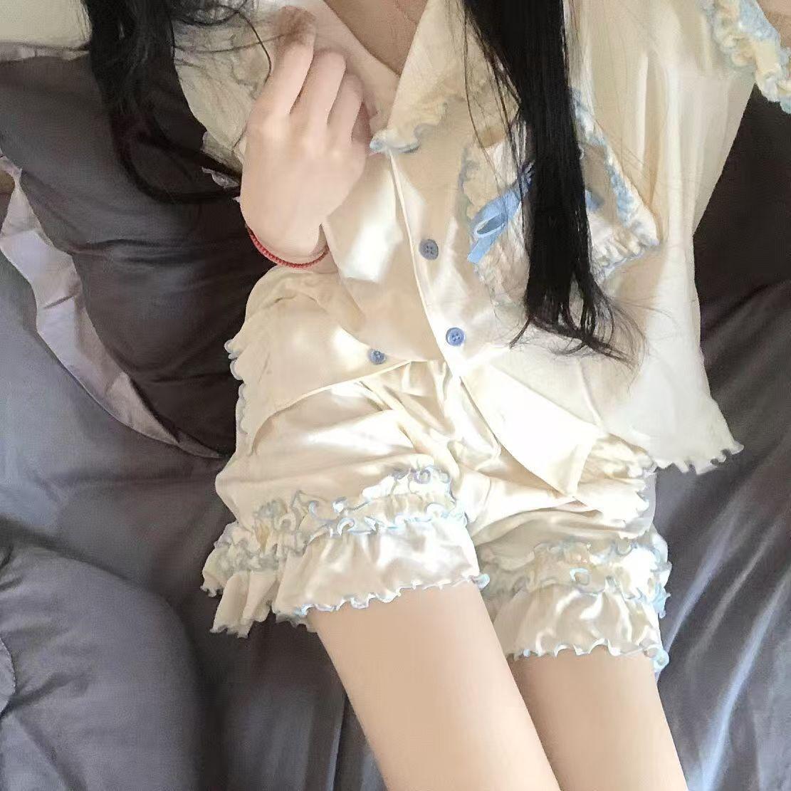 

New lotus edge pajamas women s summer thin short-sleeved shorts sweet suit bow beautiful girl loungewear s [recommended weight 35-40kg ]