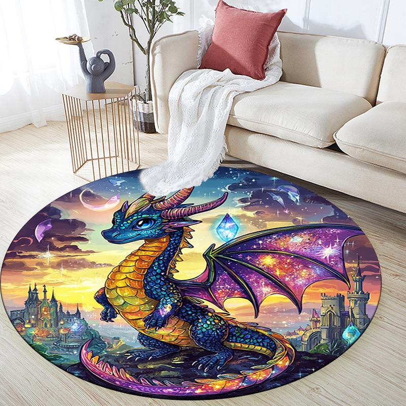 Fantasy Dragon Castle Round Area Rug,Carpet Rug for Living Room Bedroom Sofa Playroom Decor,Non-slip Floor Mat