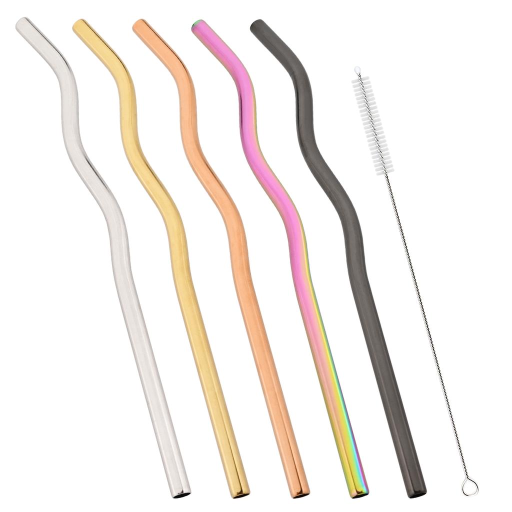 5pcs Wavy Stainless Steel Straw Set Fruit Juice Milkshake Cocktail Bubble Tea Straws Straight Drinking Straw Bar Accessories