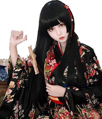 Wig i Wachlarz Dziewczyny Piekła Enmy Ai Cosplay Oiran Duży Rozmiar [amaletPlay] Wig, Styl, Kimono, Furisode, Siatka, W zestawie, Kostium, Damski, (XL)