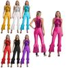 Womens Shiny Sequins Jumpsuit Sleeveless Turn Down Collar Zipper Front Rhinestone O Ring Bell Bottom