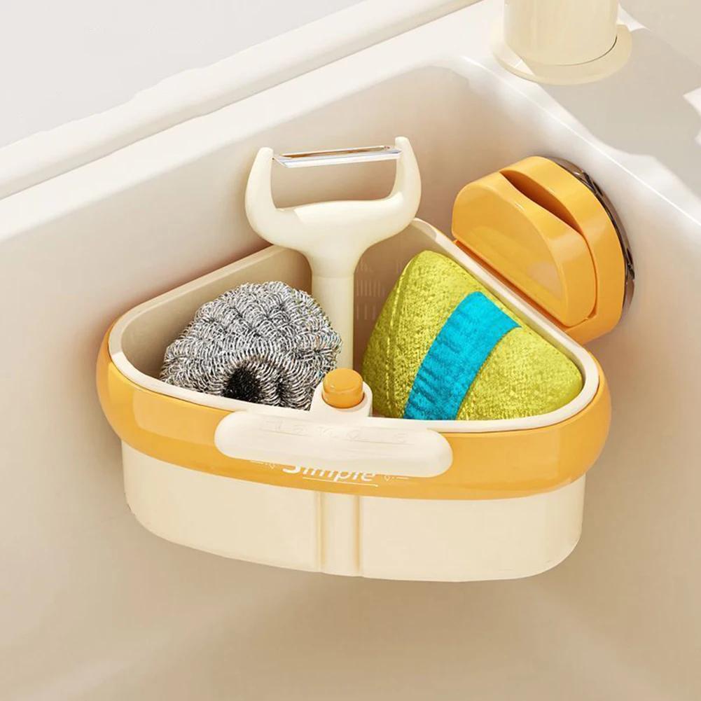 Triangle Suction Cup Sink Corner Rack w/ Drain Hole Detachable Corner Sink Strainer Kitchen Sink Food Waste Catcher Storage Rack