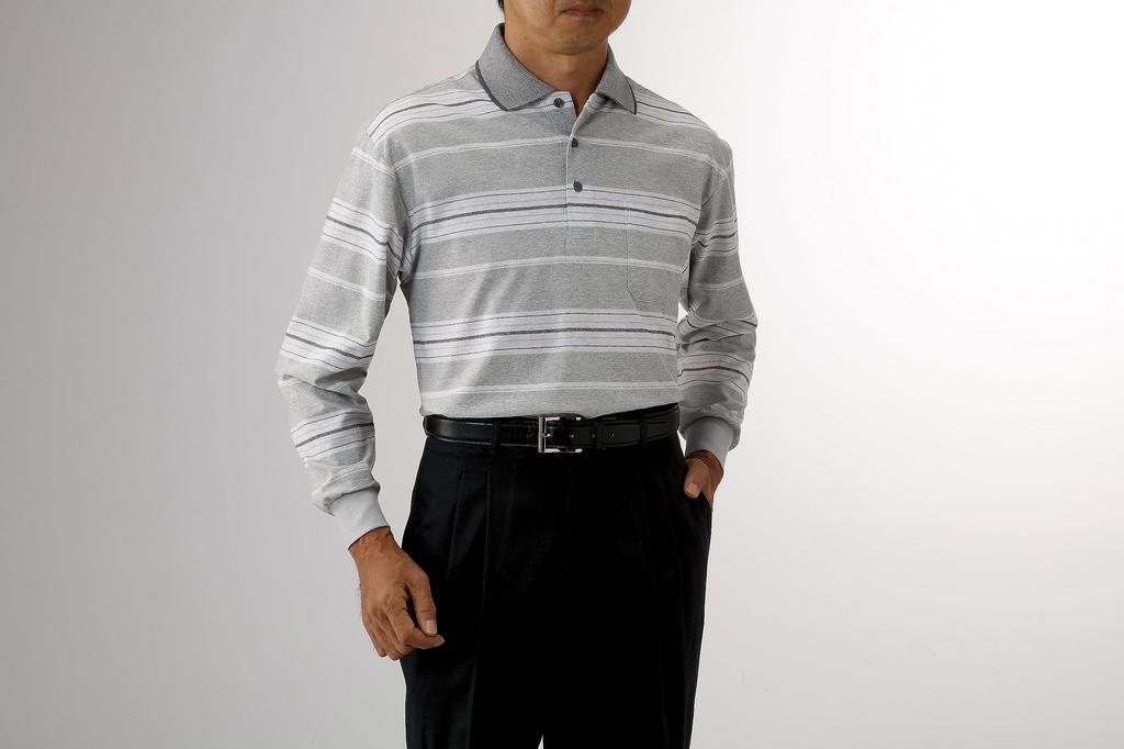 Polo Long Cotton Made in Blue [Little Island] Men's Shirt, L, Sleeve, Jacquard, Blend, Japan, Large, Stretch, Border, Cool, Father's Top, Knit, MEN,