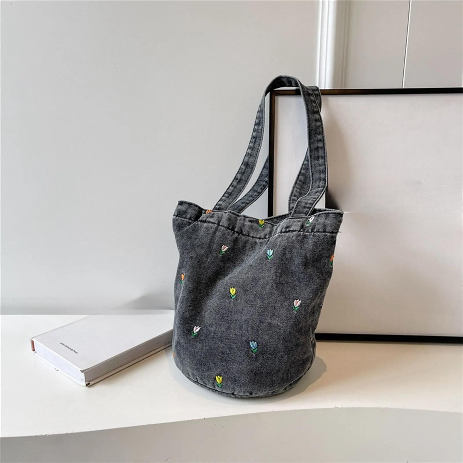 

Вышитая джинсовая сумка-ведро, летняя сумка-тоут, универсальная сумка через плечо, женская сумка для переноски, портативная сумка для покупок чёрный