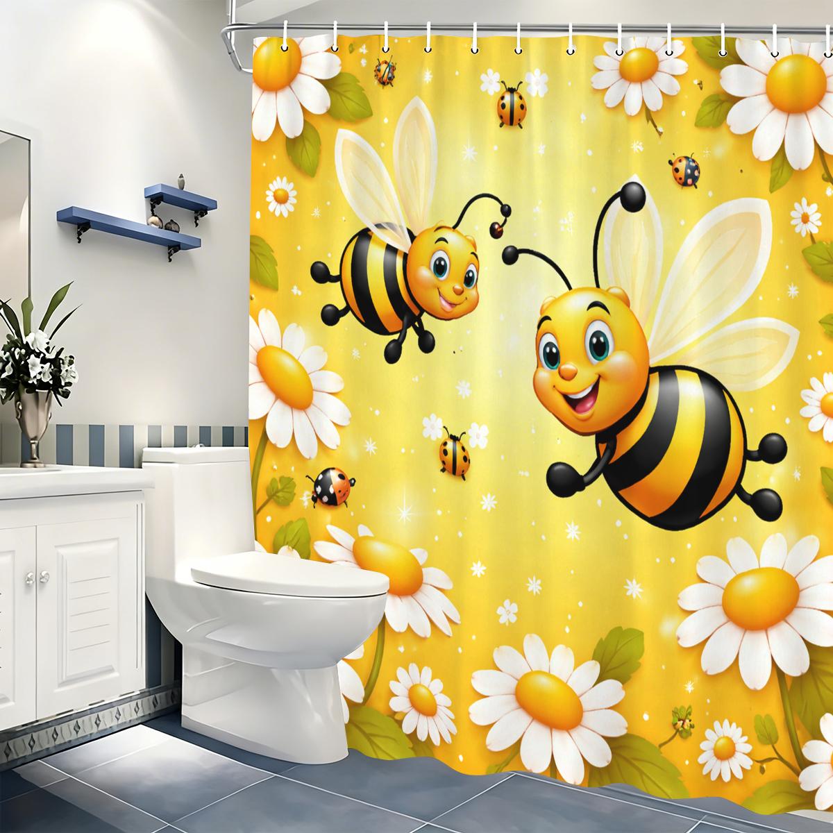 

Cute Bee Themed Polyester Shower Curtain - Fun Bathroom Decor, Lovely Bath Curtain With Honey & Floral Elements W60H190(CM)-1 Pcs